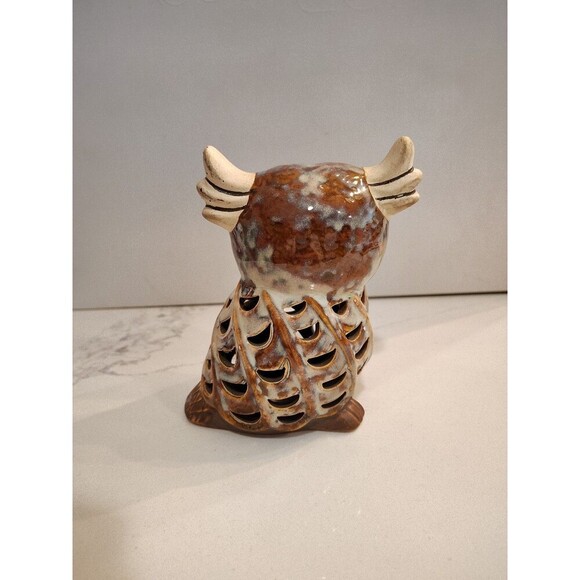 Owl Ceramic Gray & Brown Glazed Incense Tea Light Candle Holder 5 1/2" - Picture 5 of 10
